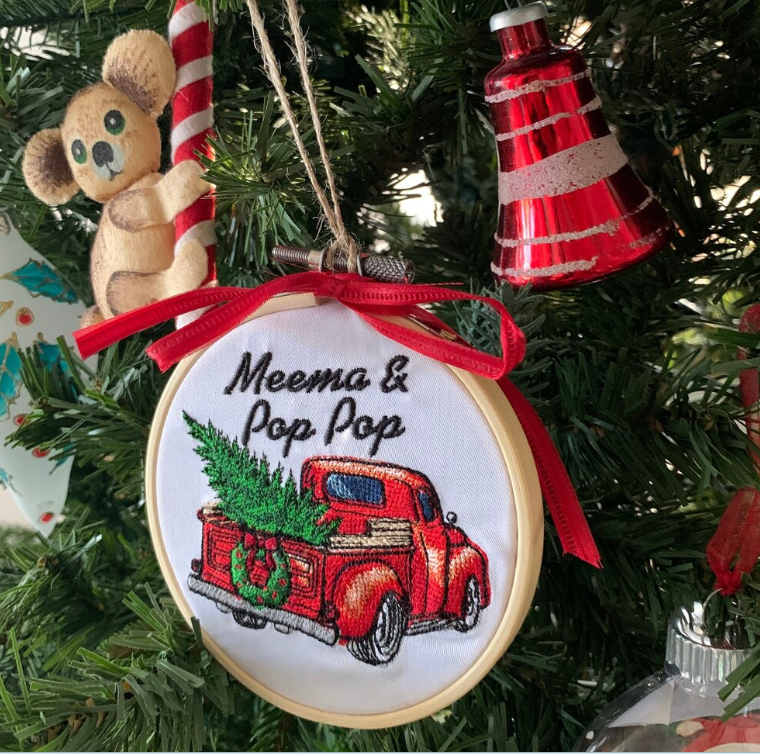 Embroidered Grandma and Grandpa Custom Wording Holiday Truck Embroidery Hoop Ornament