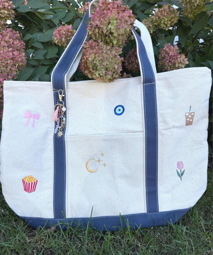 CUSTOM Embroidered Large Structured Boat Style Tote Bag With Initials and Icons