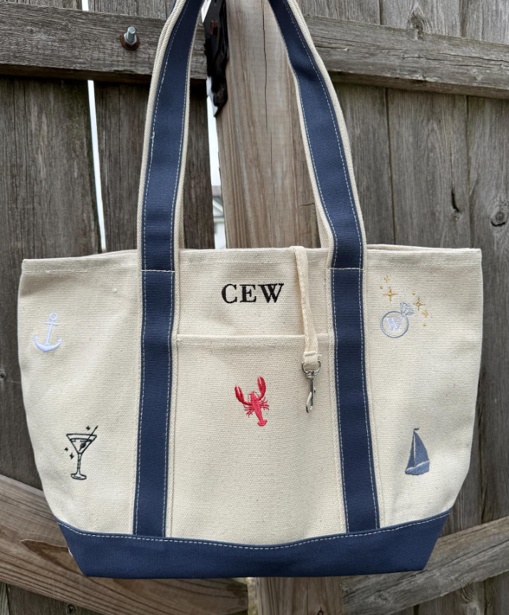 CUSTOM Embroidered Large Structured Boat Style Tote Bag With Initials and Icons