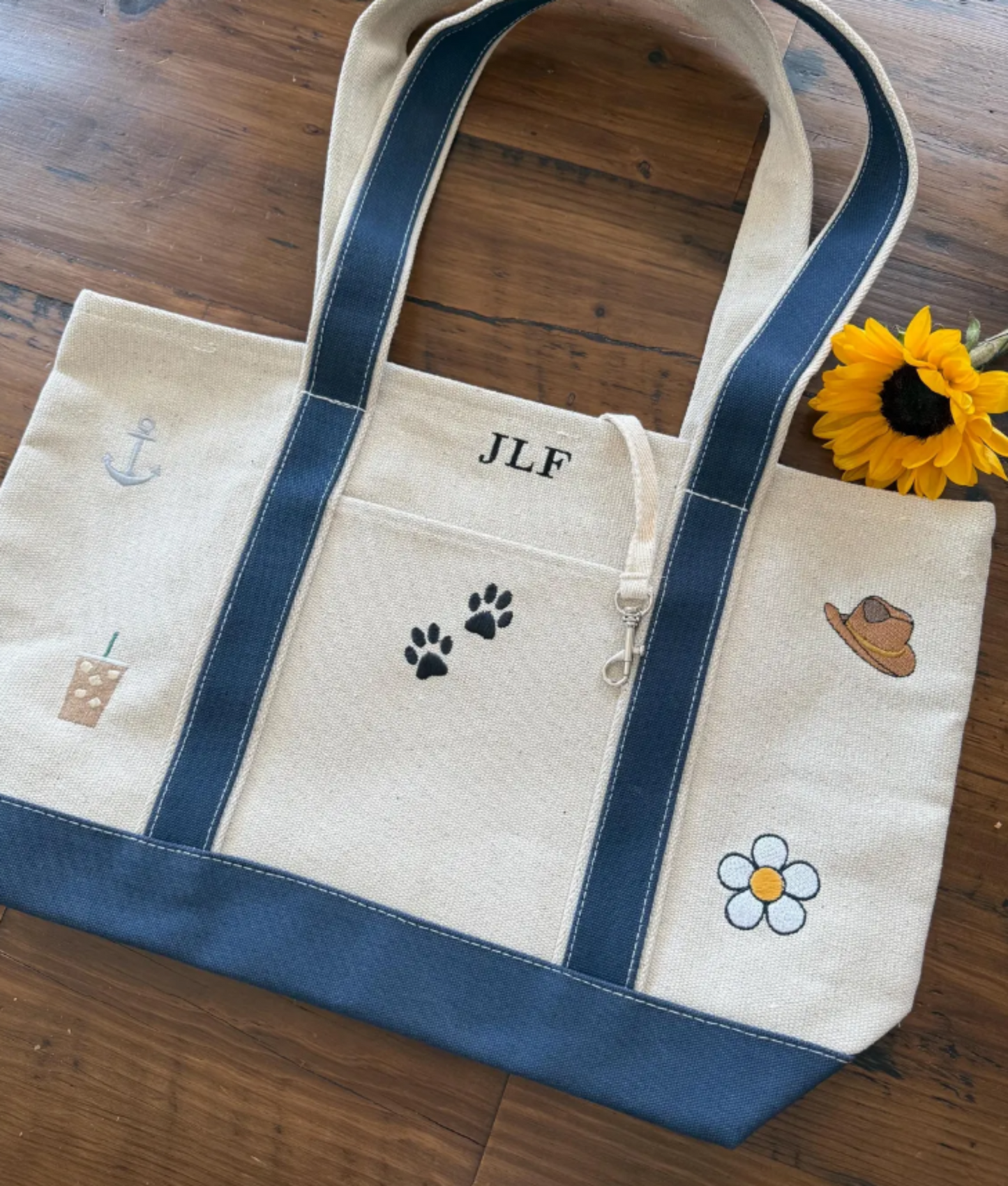 CUSTOM Embroidered Large Structured Boat Style Tote Bag With Initials and Icons