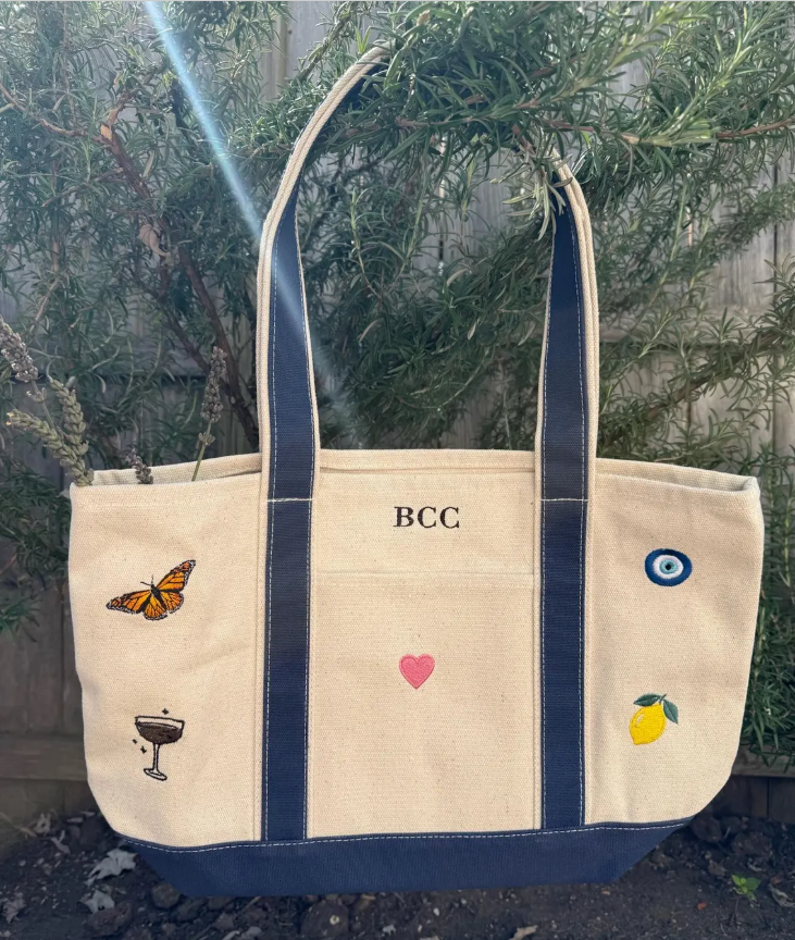 CUSTOM Embroidered Large Structured Boat Style Tote Bag With Initials and Icons