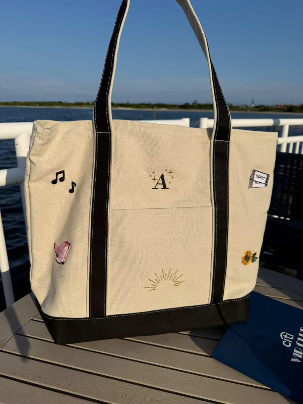 CUSTOM Embroidered Large Structured Boat Style Tote Bag With Initials and Icons