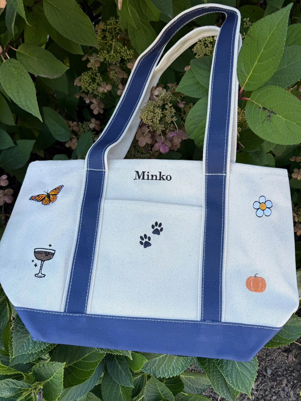 CUSTOM Embroidered Large Structured Boat Style Tote Bag With Initials and Icons