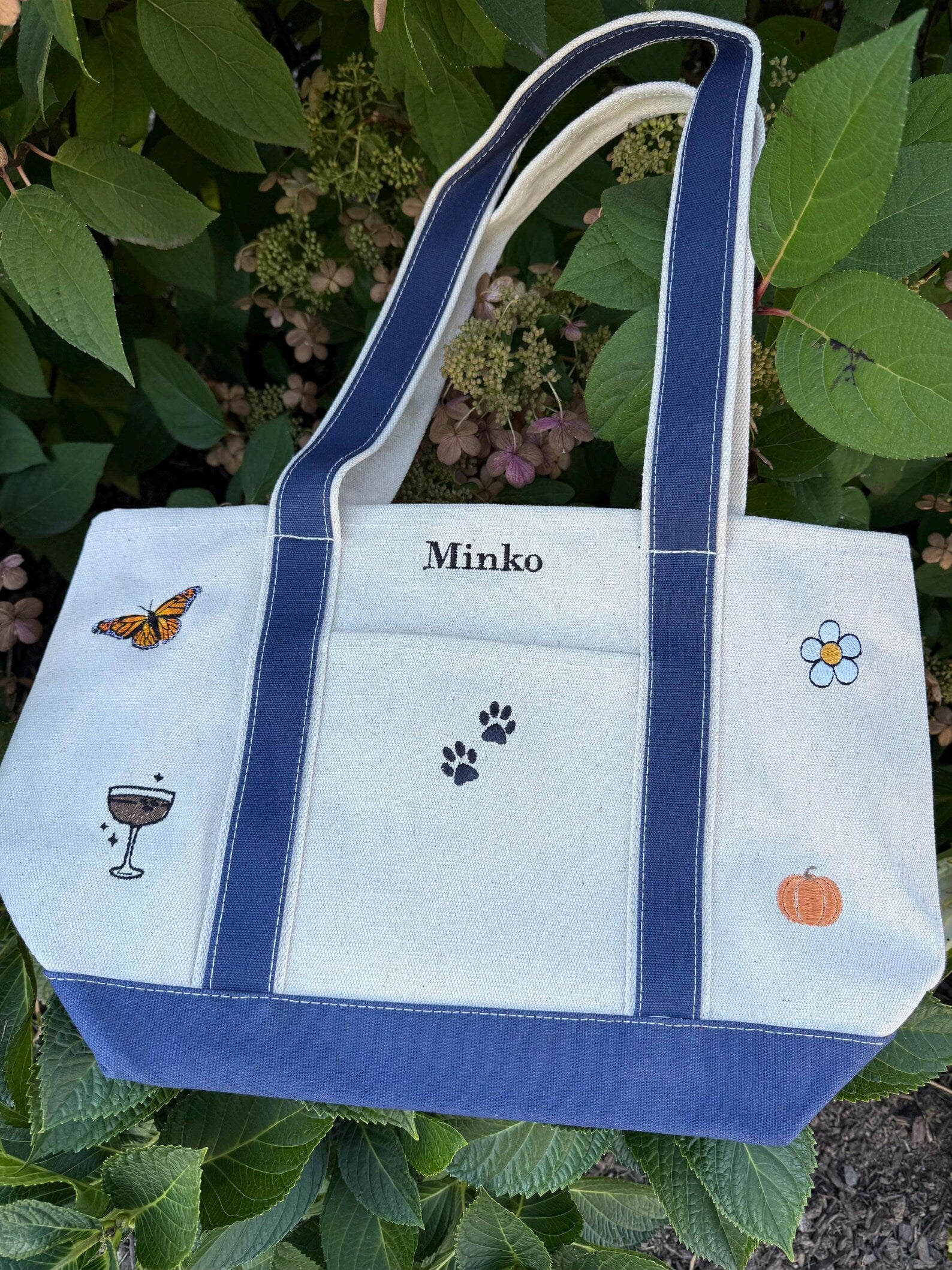 CUSTOM Embroidered Large Structured Boat Style Tote Bag With Initials and Icons