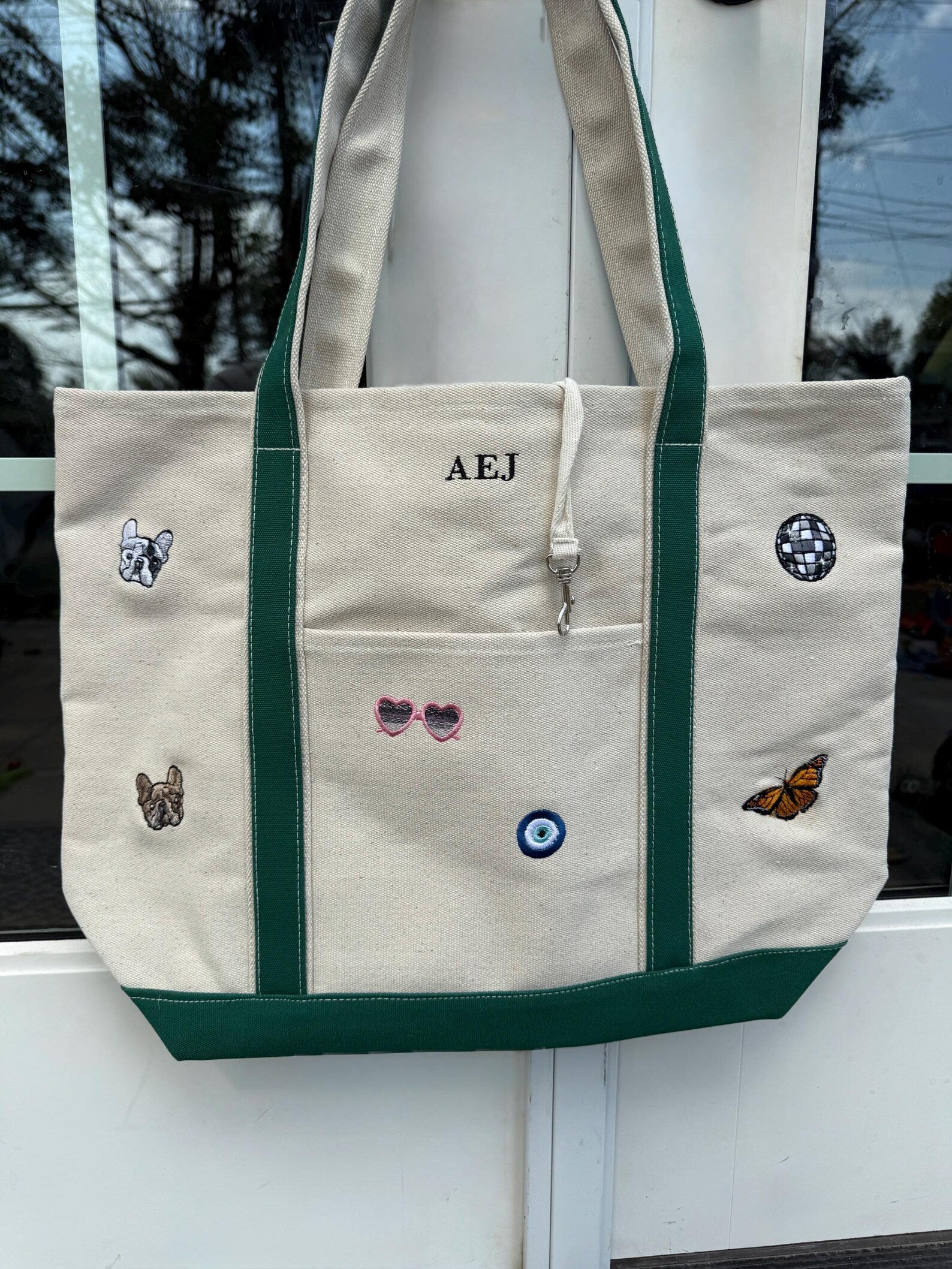 CUSTOM Embroidered Large Structured Boat Style Tote Bag With Initials and Icons