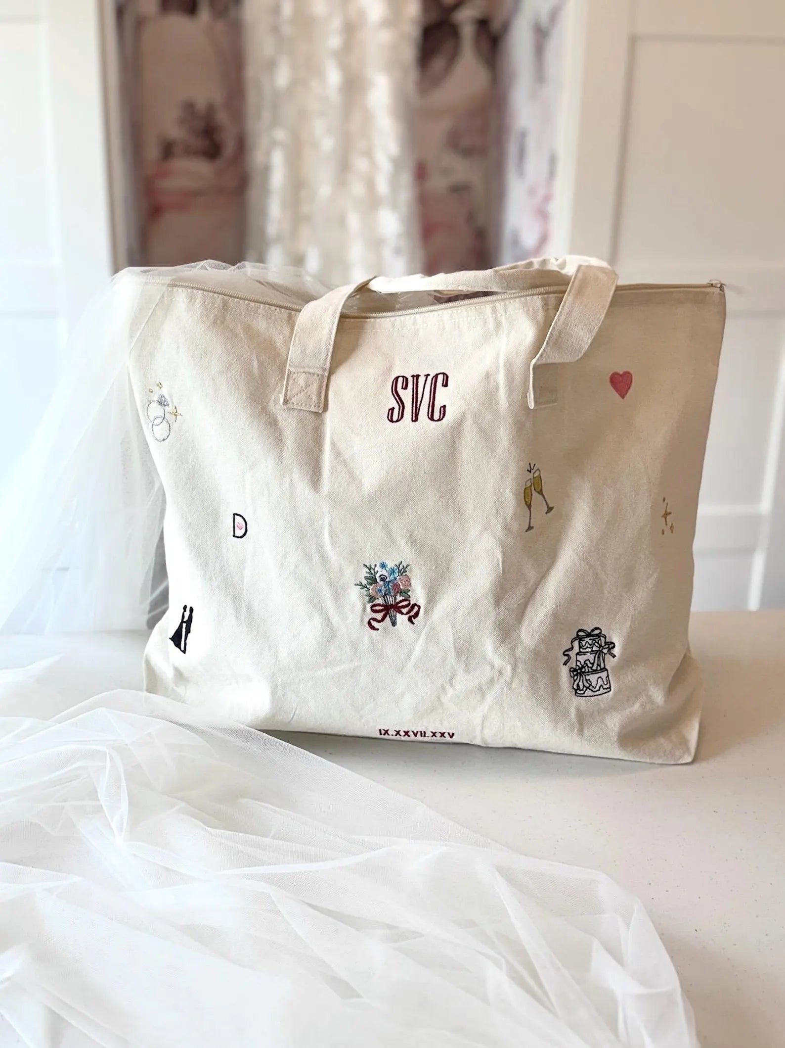 Embroidered Personalized Wedding Weekender Zippered Tote Bag