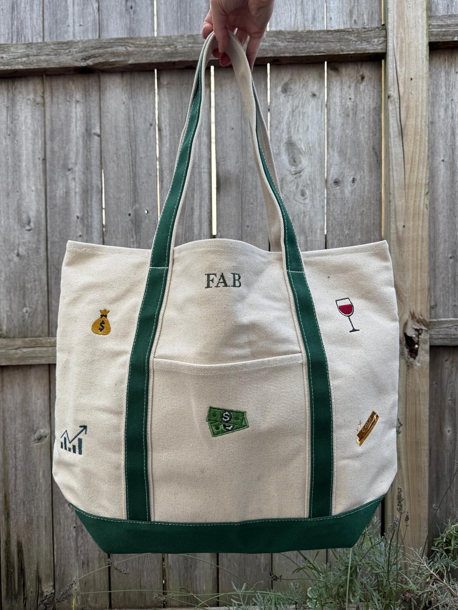 CUSTOM Embroidered Large Structured Boat Style Tote Bag With Initials and Icons