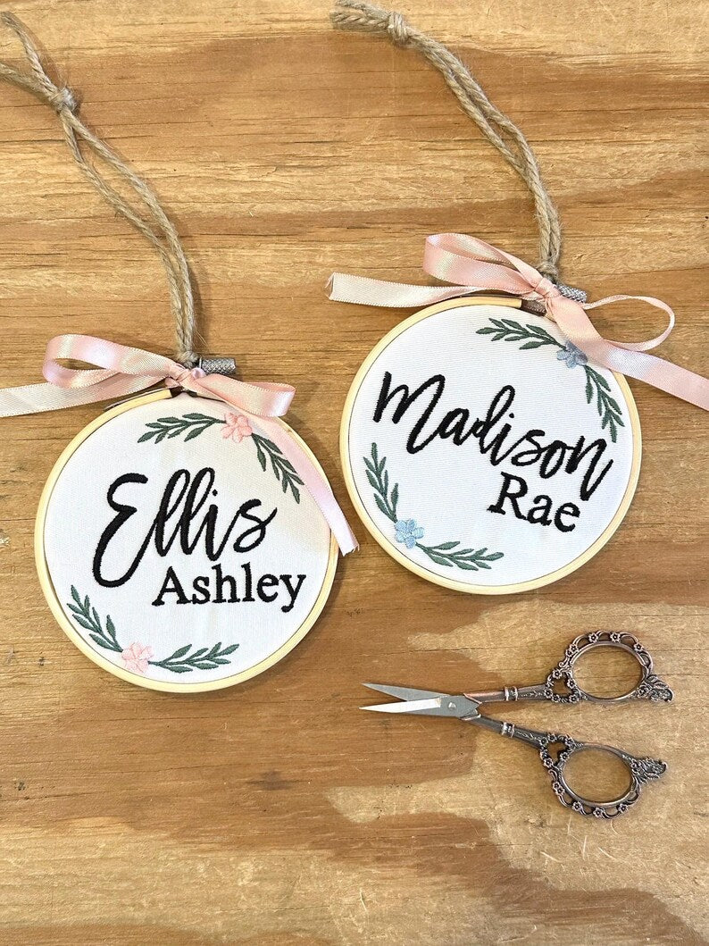 Custom Embroidered Baby Name Embroidery Hoop Ornament