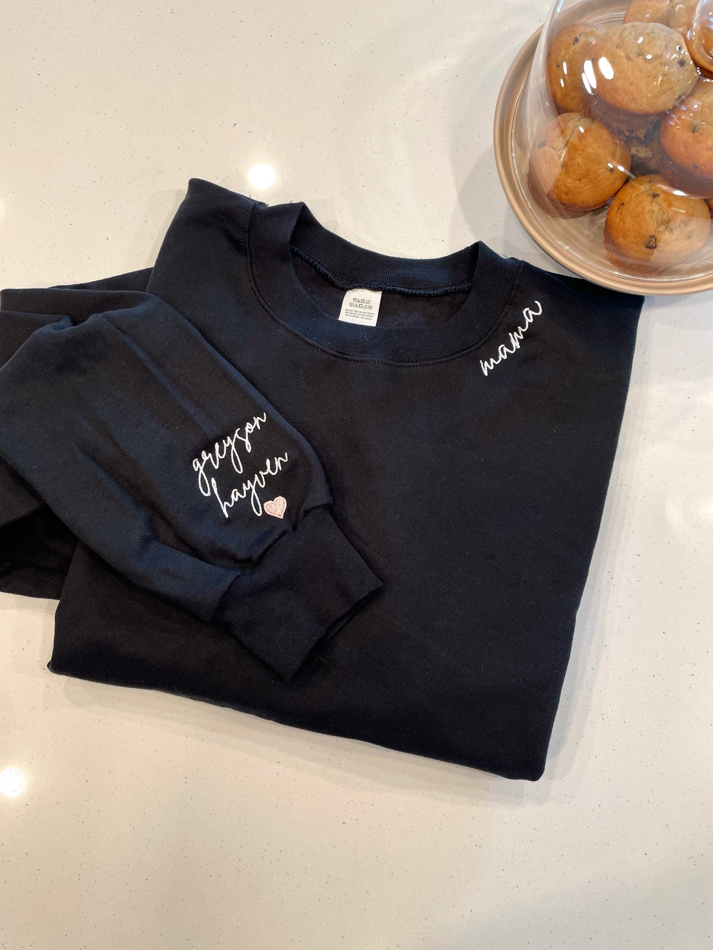 Embroidered mama Neckline with Names on Sleeve Unisex Crewneck Sweatshirt