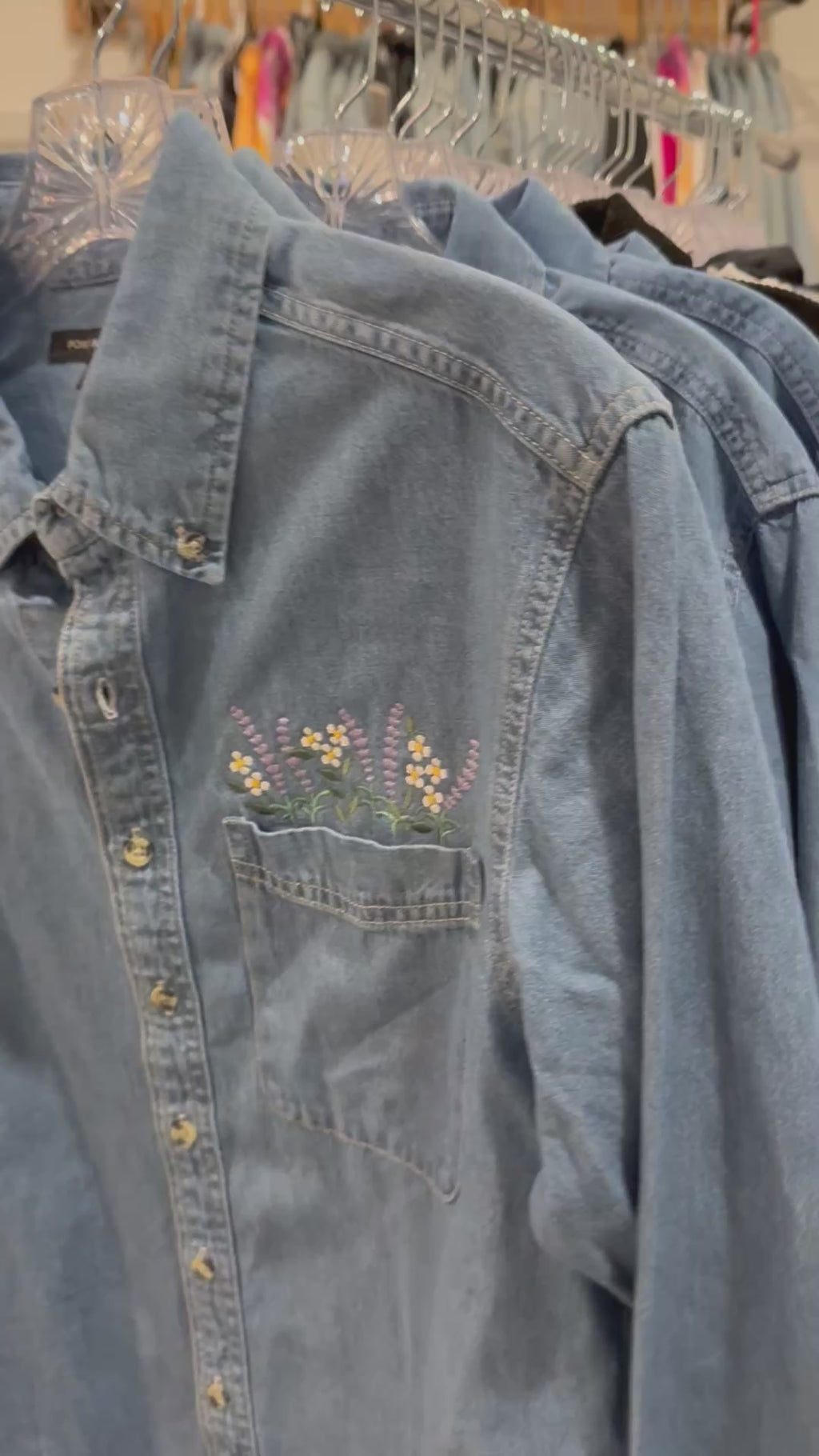 Embroidered Bouquet Pocket Unisex Denim Shacket Shirt Jacket Chambray