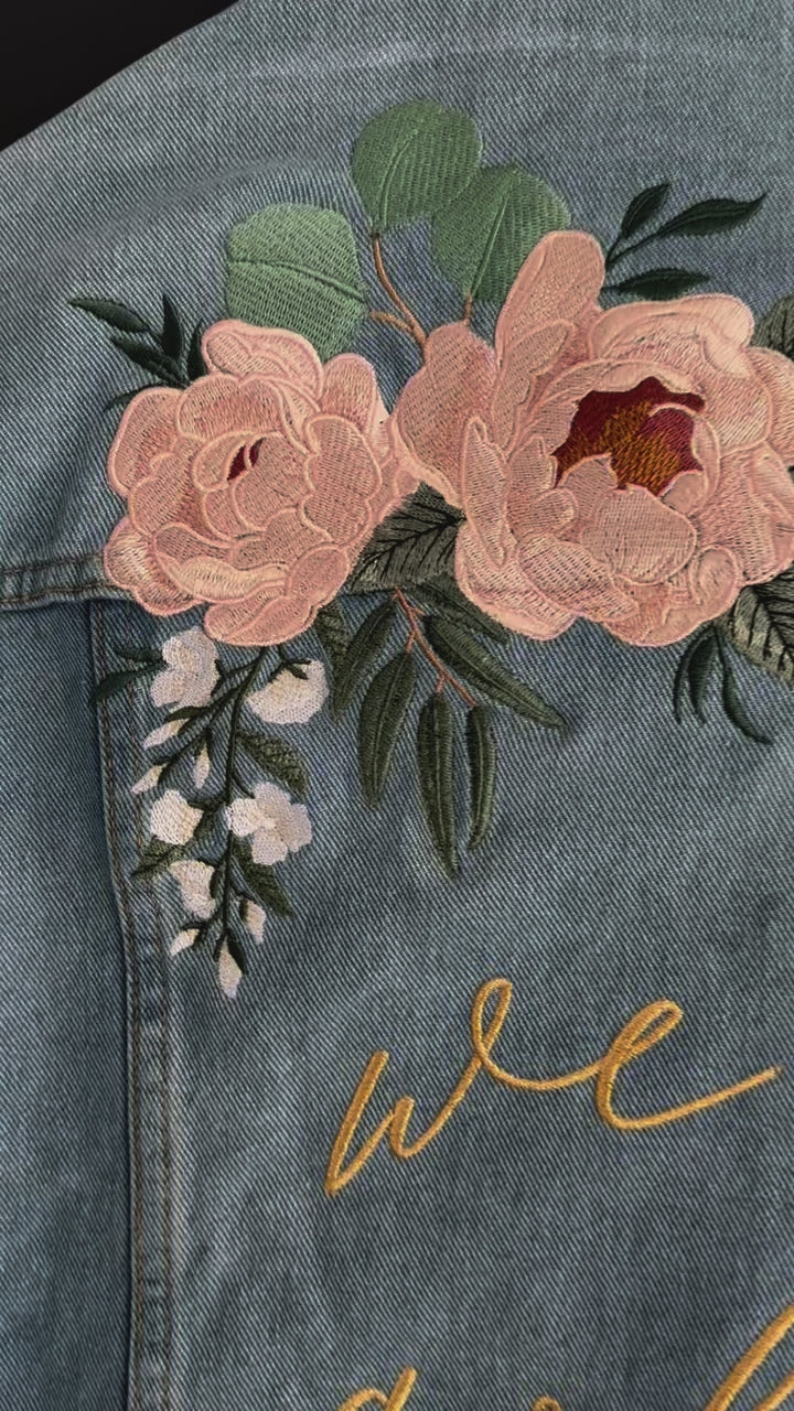Custom Blush Pink Peony and Eucalyptus Women's Relaxed Fit Denim Jacket