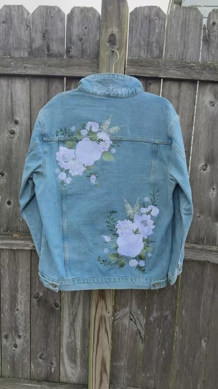 Embroidered White Floral and Sage Leaves Design with wedding date on Women's Relaxed Fit Denim Jacket