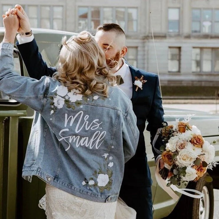 Custom White Floral with Sage Leaves Women's Relaxed Fit Denim Jacket