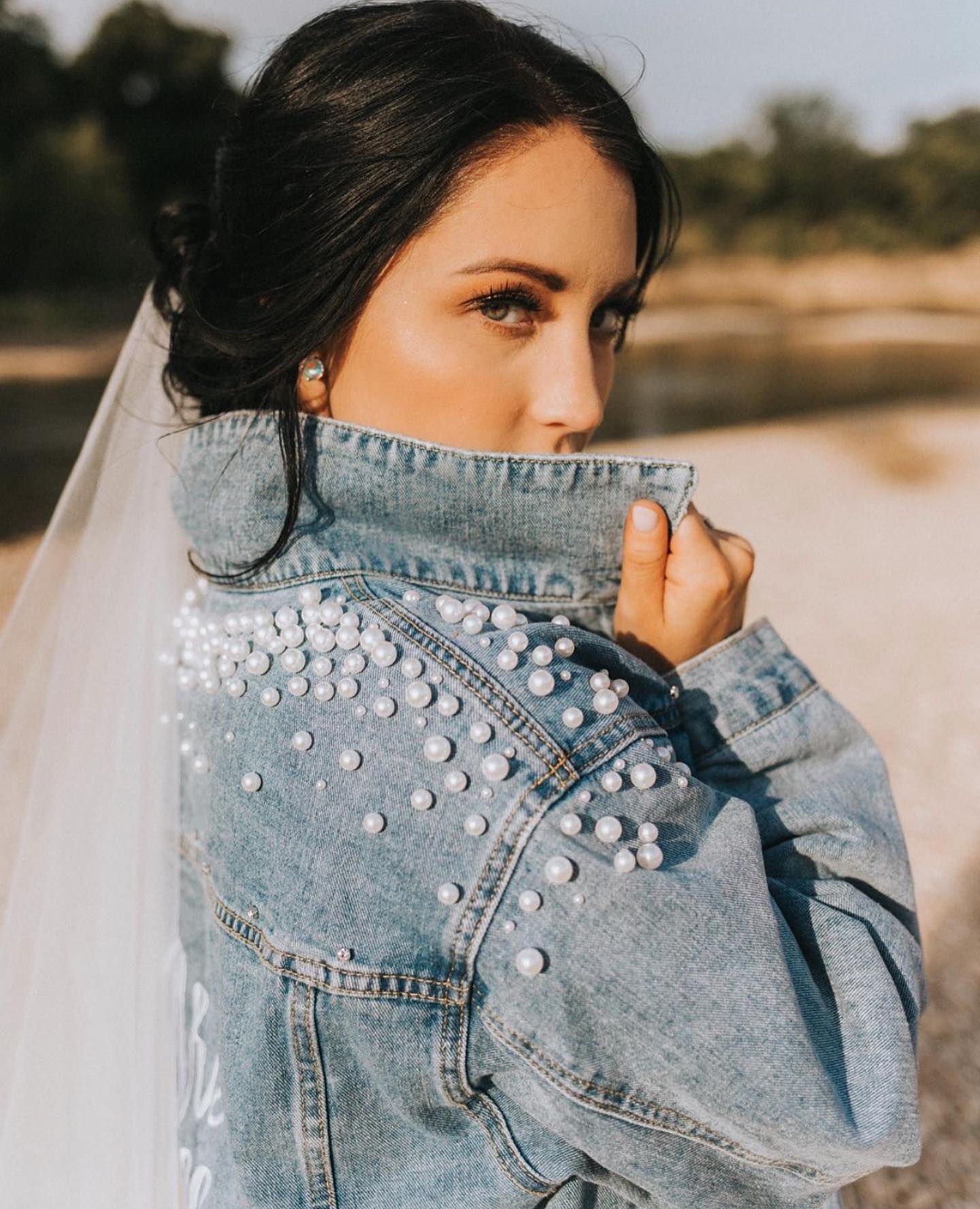 Custom Pearl and Crystal Women's Relaxed Fit Denim Jacket