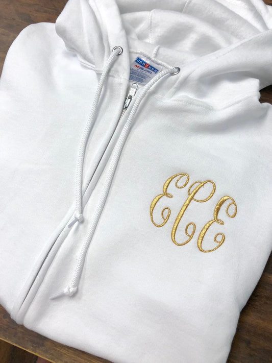 Custom Monogram Women's White Zip Up Sweatshirt