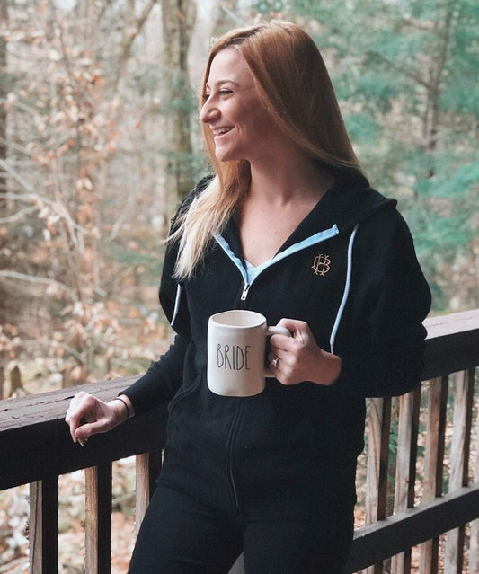 Custom Two Letter Fancy Monogram Unisex Black Zip Up Sweatshirt