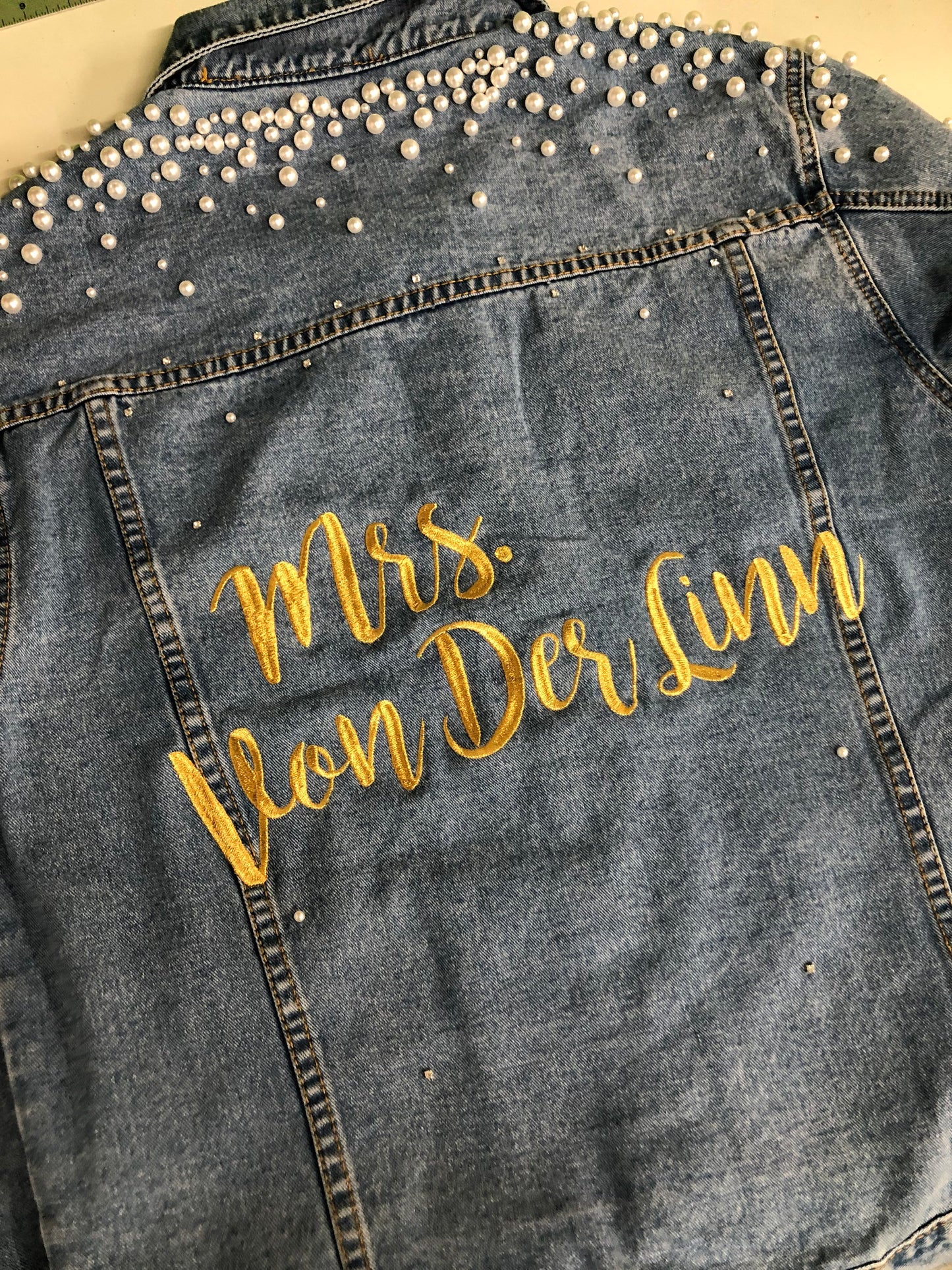Custom Pearl and Crystal Women's Relaxed Fit Denim Jacket