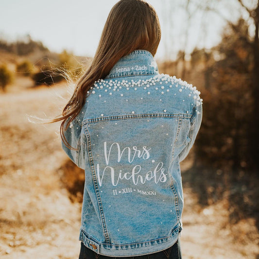 Custom Pearl and Crystal Women's Relaxed Fit Denim Jacket