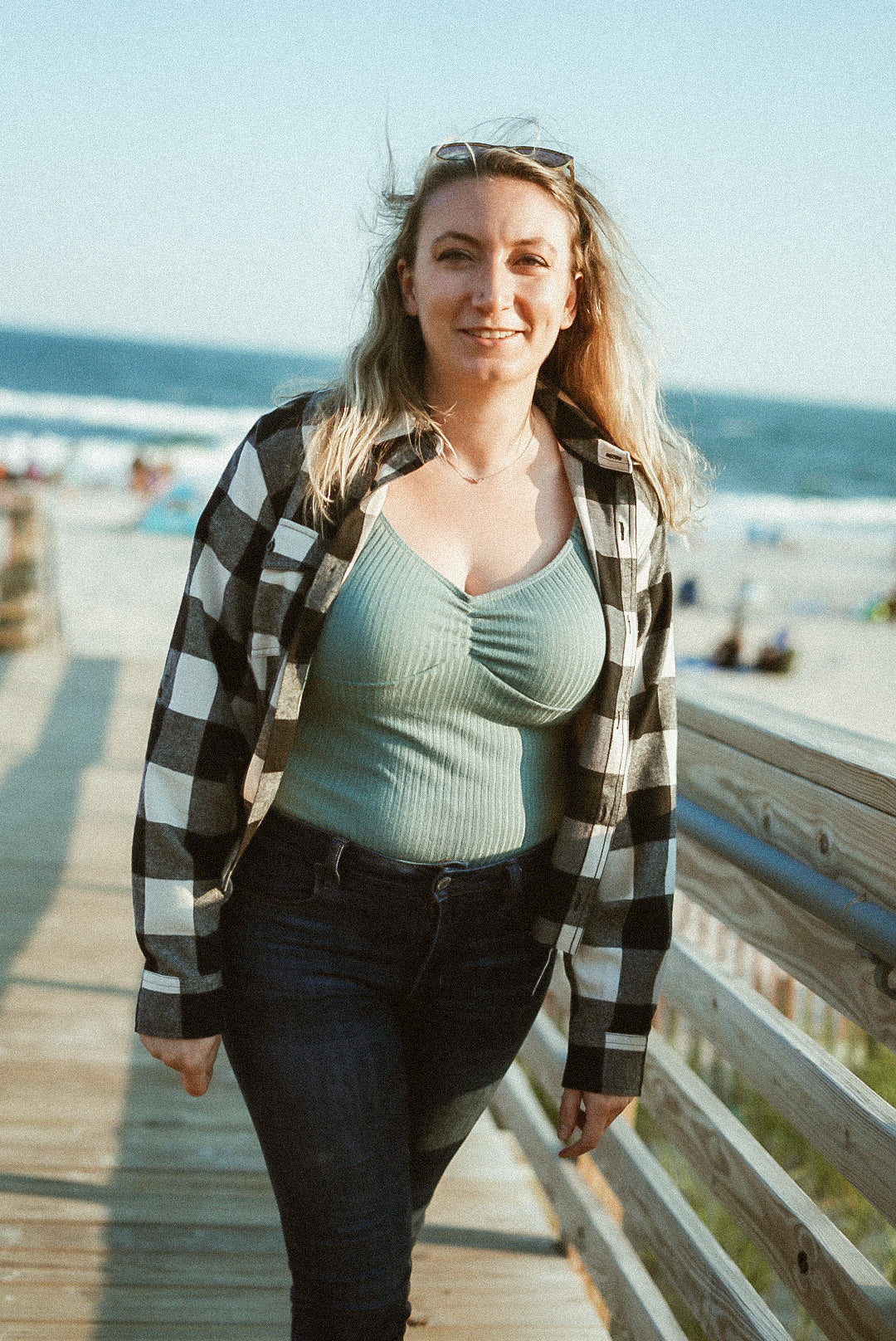 Cropped Ecru/Black Plaid Flannel W/ Back Embroidery