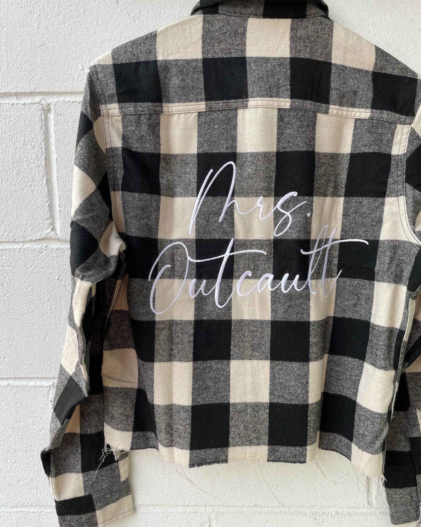Cropped Ecru/Black Plaid Flannel W/ Back Embroidery
