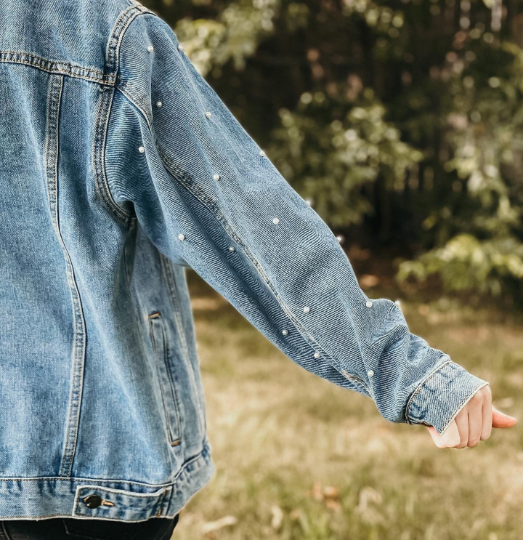 Custom Pearl Sleeve Women's Relaxed Fit Denim Jacket