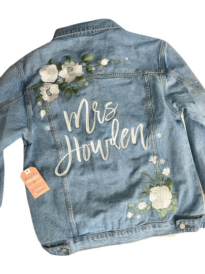 Custom White Floral with Sage Leaves Women's Relaxed Fit Denim Jacket