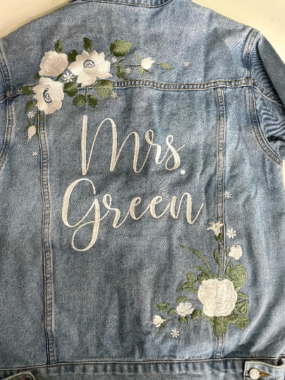 Custom White Floral with Sage Leaves Women's Relaxed Fit Denim Jacket