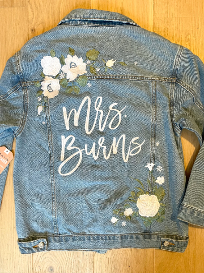 Custom White Floral with Sage Leaves Women's Relaxed Fit Denim Jacket
